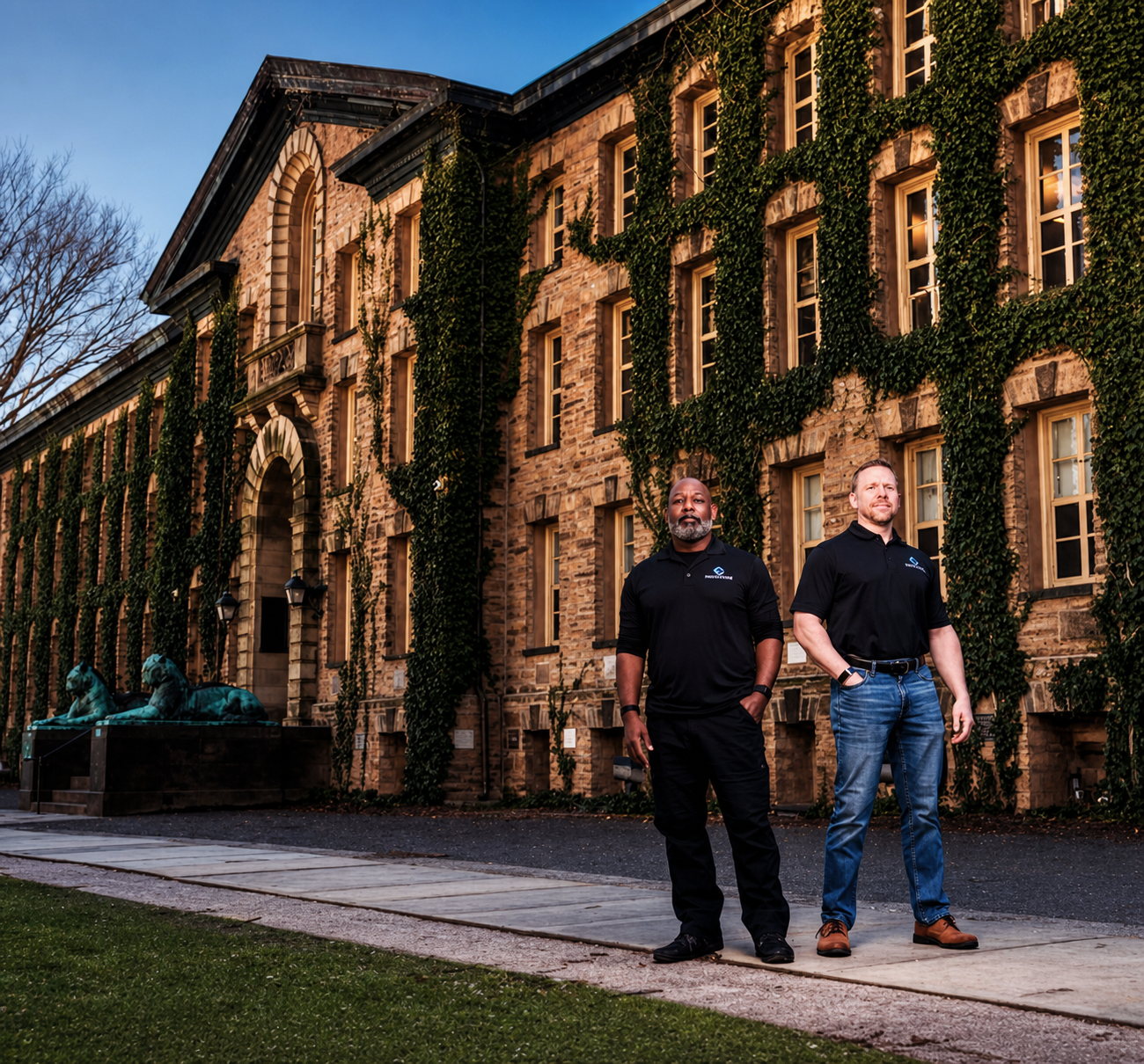 Two Digital Bodyguards team members in branded black polo shirts standing outside an ivy-covered stone building