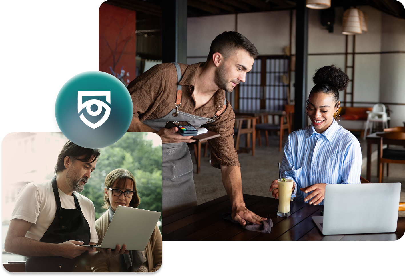 Small business owners reviewing their work on a laptop and tablet