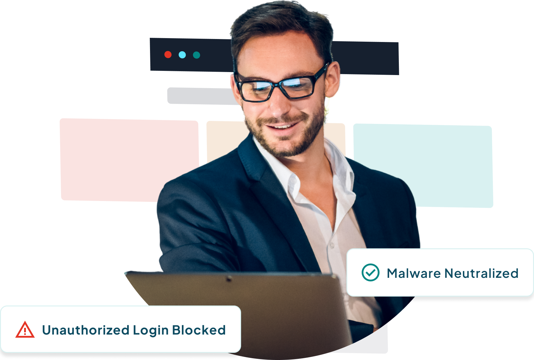 Smiling business owner working on a laptop, with security alerts showing an unauthorized login blocked and malware neutralized